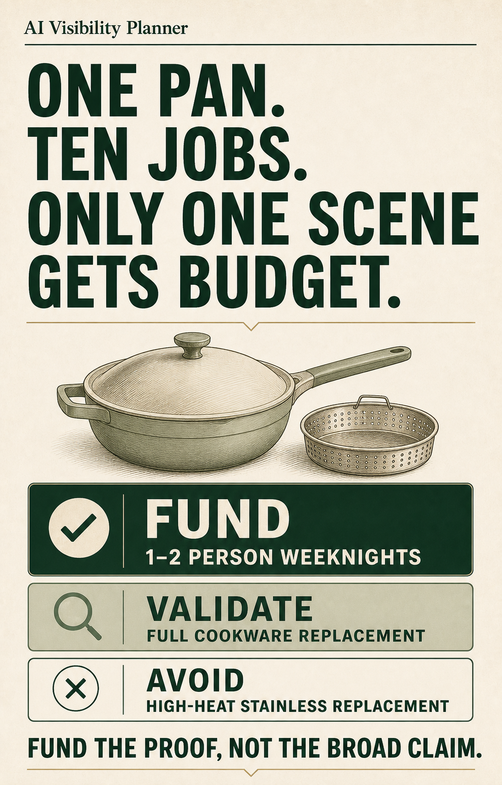 Fund one-to-two-person weeknight cooking, validate full cookware replacement, and avoid high-heat stainless replacement